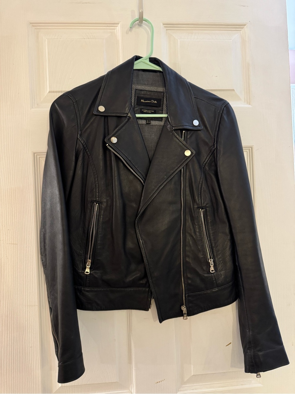 Massimo Dutti Black Leather Asymmetric Biker Jacket
